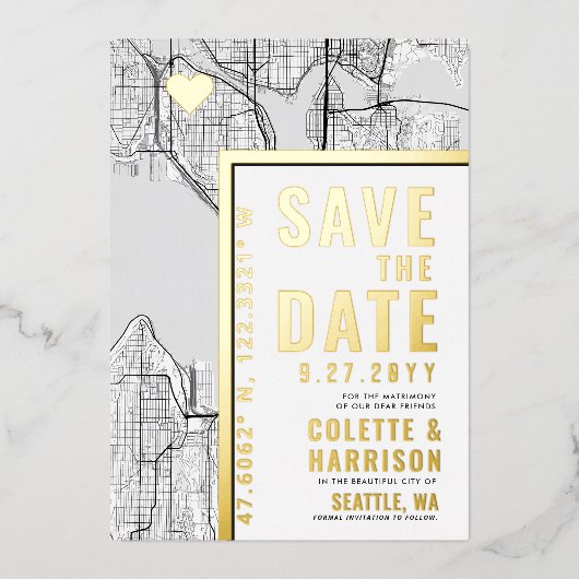 シアトルラブロケーター |結婚式の日付の保存 箔招待状 (正面)