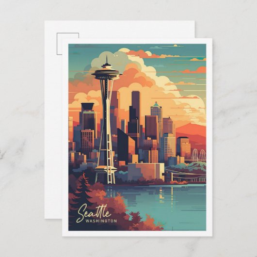 シアトルワシントンアートヴィンテージトラベルイラストレーション ポストカード (正面/裏面)