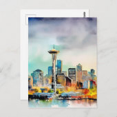 シアトルワシントンシティスカイライン水彩画 ポストカード (正面/裏面)