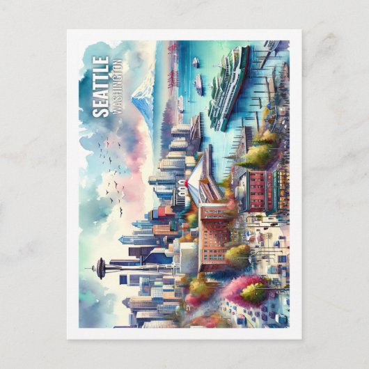 シアトルワシントンUSA有名なプレイスウォーターカラー ポストカード (正面)
