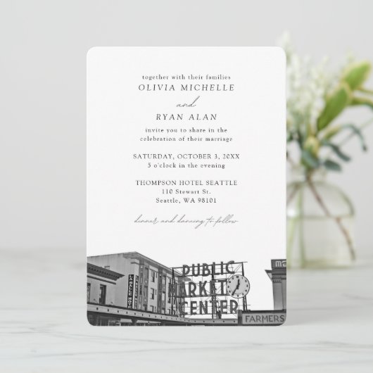 シアトル結婚のカスタムPikes Place写真 招待状 (スタンド正面)