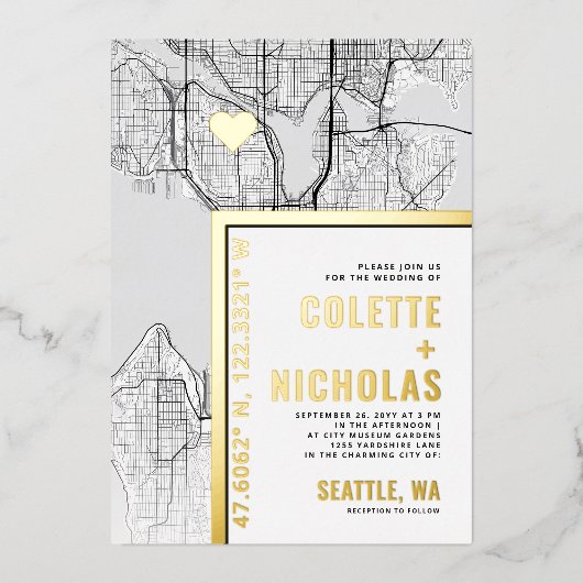 シアトル・ラブ・ロケーター | 都市をテーマにしたウェディング 箔招待状 (正面)