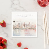 シアトル, ワシントン州 水彩画風景 ウェディング スタンダードカクテルナプキン (インサイチュ)