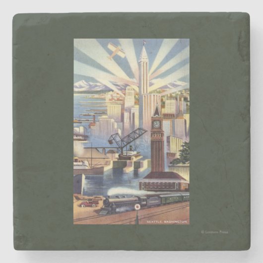 シアトル、ワシントン州-繁華街の眺め ストーンコースター (正面)