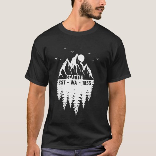 シアトル ワシントン 設立1853 山 樹木 Tシャツ (正面)