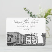 シアトルSave the Dateパブリックマーケットブラック&ホワイト 招待状 (スタンド正面)