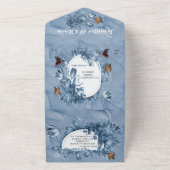 シアノタイプの花と蝶の訪問。すべて オールインワン招待状 (外側)