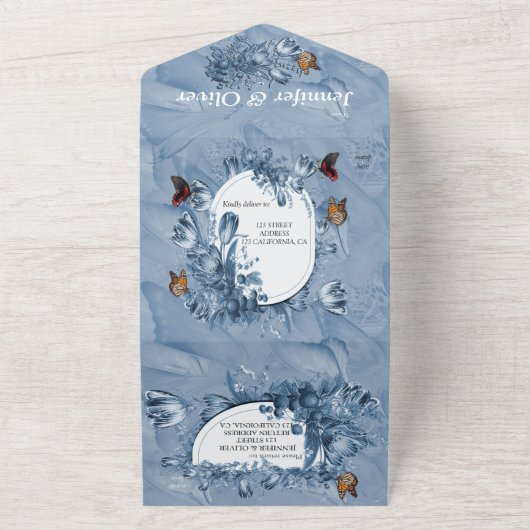 シアノタイプの花と蝶の訪問。すべて オールインワン招待状 (外側)