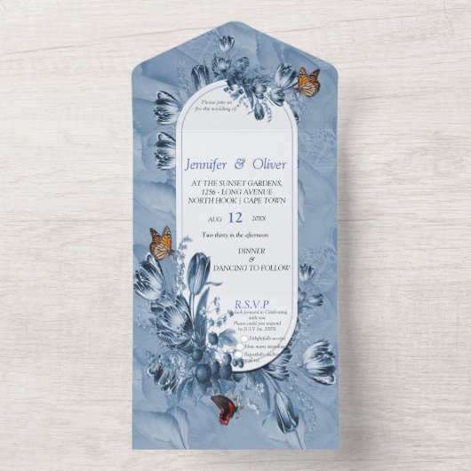 シアノタイプの花と蝶の訪問。すべて オールインワン招待状 (内側)