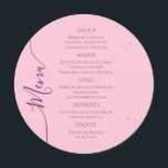 シアルピンクパープルサンムーンスターズ宇宙結婚ズ メニュー<br><div class="desc">宇宙のカード結婚は、ピンクの背景にピンクと紫の星が付いたシナシンプルル・ピンクの書道台本の中央にメニュー詳細が置モダンかれている。提供されている文字・ボックスで文字を編集してパーソナライズ。©2022 Evco Studioによる設計(www.zazzle.com/store/evcostudio)</div>