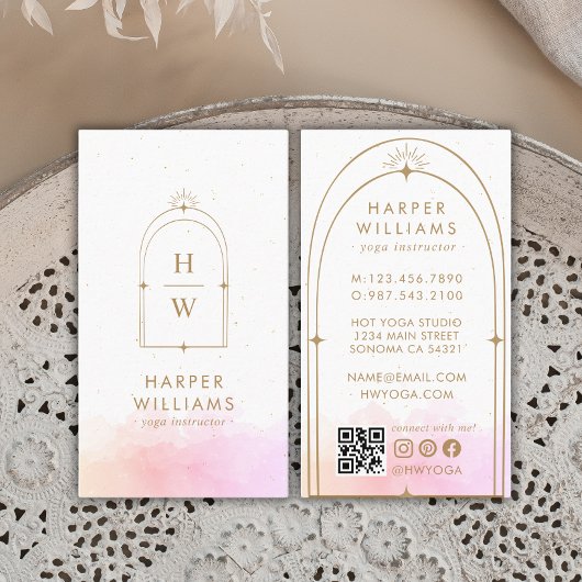 シアルピンクモノグラムヨガインストラクターQRコード 名刺
