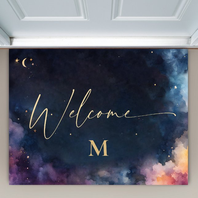 シアルモノグラムブルー金ゴールド銀河系スカイウェルカム ドアマット (elestial galaxy personalized midnight blue space welcome doormat custom monogram gift)
