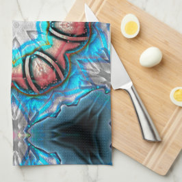 シアンとシルバーの万華鏡のように千変万化するパターンとラフ絵を描な キッチンタオル