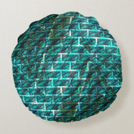 シアンのステンドグラートまたは抽象芸術レンガの壁 ラウンドクッション