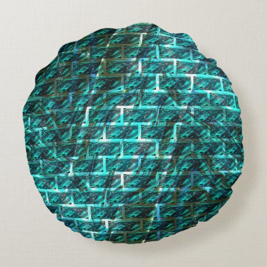 シアンのステンドグラートまたは抽象芸術レンガの壁 ラウンドクッション (裏面)