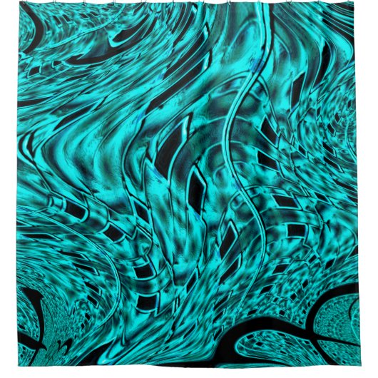 シアンまたは青のイメージに映し出された曲がった正方形 シャワーカーテン (正面)