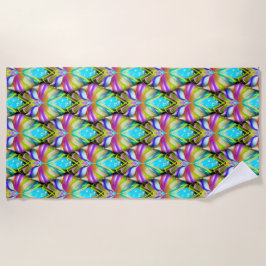 シアンカラフルとブラックのOracle Owlパターン ビーチタオル