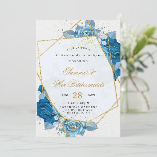 シアンブルーフローラ幾何学的ブリデスメイドランチョン 招待状 (スタンド正面)