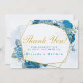 シアンブルーフローラ結婚スと金ゴールドサンキューカード 招待状 (正面)