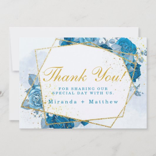 シアンブルーフローラ結婚スと金ゴールドサンキューカード 招待状 (正面)