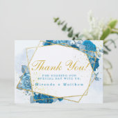 シアンブルーフローラ結婚スと金ゴールドサンキューカード 招待状 (スタンド正面)