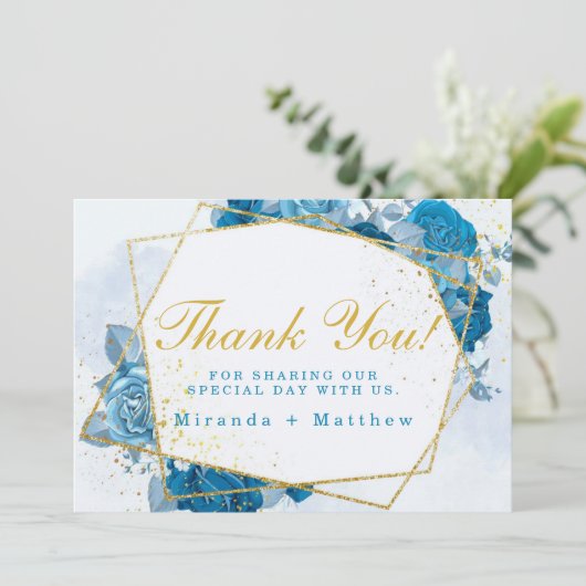 シアンブルーフローラ結婚スと金ゴールドサンキューカード 招待状 (スタンド正面)