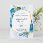 シアンブルー花模様金ゴールド幾何学的ウェディングシャワー 招待状 (スタンド正面)