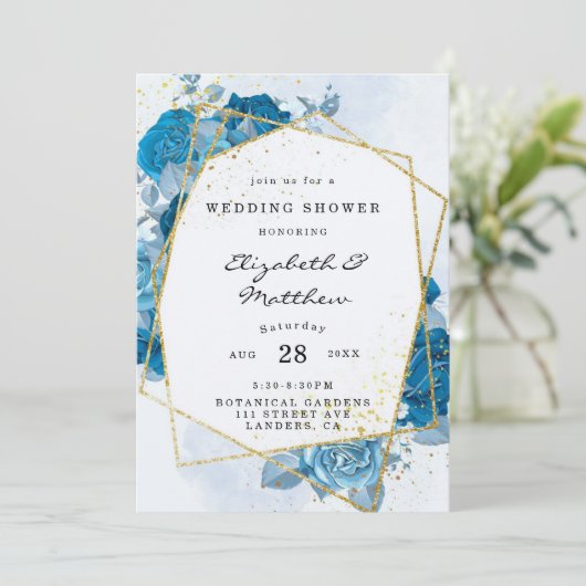 シアンブルー花模様金ゴールド幾何学的ウェディングシャワー 招待状 (スタンド正面)