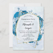 シアンブルー花模様金ゴールド幾何学的婚約パーティ 招待状 (正面)