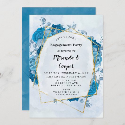 シアンブルー花模様金ゴールド幾何学的婚約パーティ 招待状 (正面/裏面)