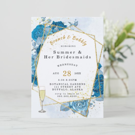 シアンブルー金ゴールド幾何学的ブランチとバブリー 招待状 (スタンド正面)