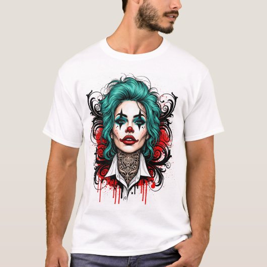 シアンヘアのピエロの女王 - スプーキーでおしゃれなグラフィック Tシャツ (正面)