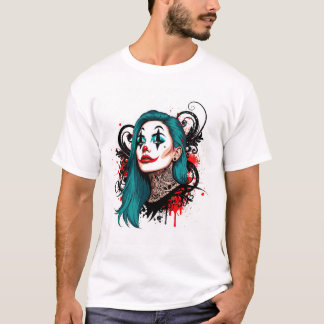 シアンヘアのピエロの女王 - スプーキーでおしゃれなグラフィック Tシャツ