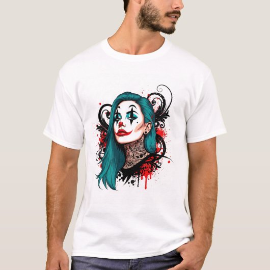 シアンヘアのピエロの女王 - スプーキーでおしゃれなグラフィック Tシャツ (正面)