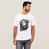 シアンヘアのピエロの女王 - スプーキーでおしゃれなグラフィック Tシャツ (正面フル)
