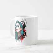 シアンヘアのピエロの女王 - スプーキーでおしゃれなデザイン コーヒーマグカップ (正面左)