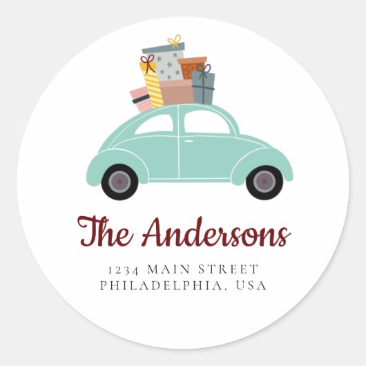 シアンホリデーカーギフトアドレスのスタック付き ラウンドシール (正面)