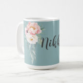 シアンミントグリーンウォーター色カスタムフローラコーヒーMu コーヒーマグカップ (正面左)