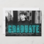 シアンモダンネオン写真卒業 案内状 (正面)