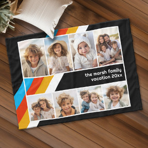 シアンレトロストライプ- 8フォトコラージュ フリースブランケット