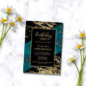 シアン大理石光沢ゴールドフォイル絵を描テクスチャ誕生日 招待状