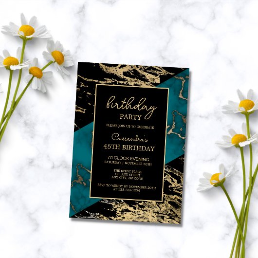 シアン大理石光沢ゴールドフォイル絵を描テクスチャ誕生日 招待状