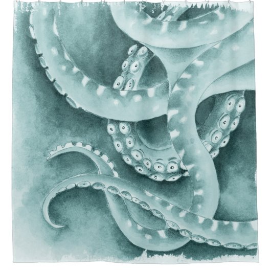 シアン緑の触手モノクロ シャワーカーテン (正面)