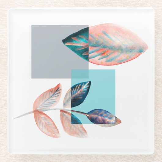 シアン赤葉 ガラスコースター (正面)