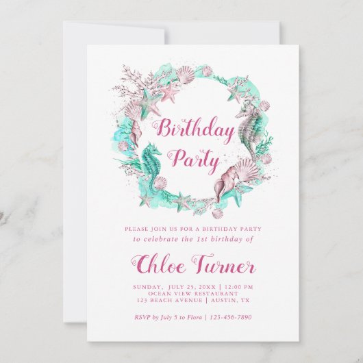 シアン&ピンクパステルアンダーザシーガール誕生日 招待状 (正面)