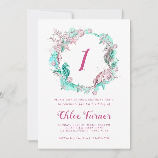 シアン&ピンクパステルアンダーザシーファースト誕生日 招待状 (正面)