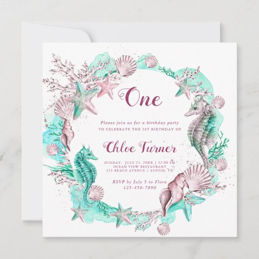 シアン&ラベンダーアンダーザシーガール誕生日スクエア 招待状 (正面)