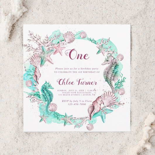 シアン&ラベンダーアンダーザシーガール誕生日スクエア 招待状