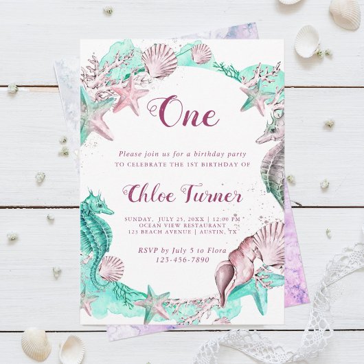 シアン&ラベンダーアンダーザシーガール誕生日 招待状