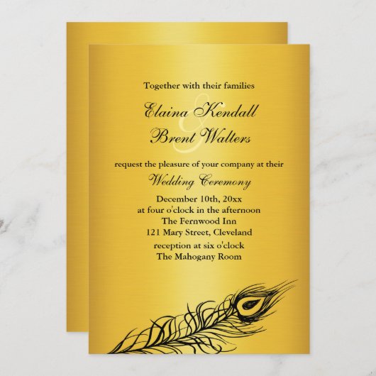 シェイクユテールフェザー結婚式招待状金ゴールド 招待状 (正面/裏面)